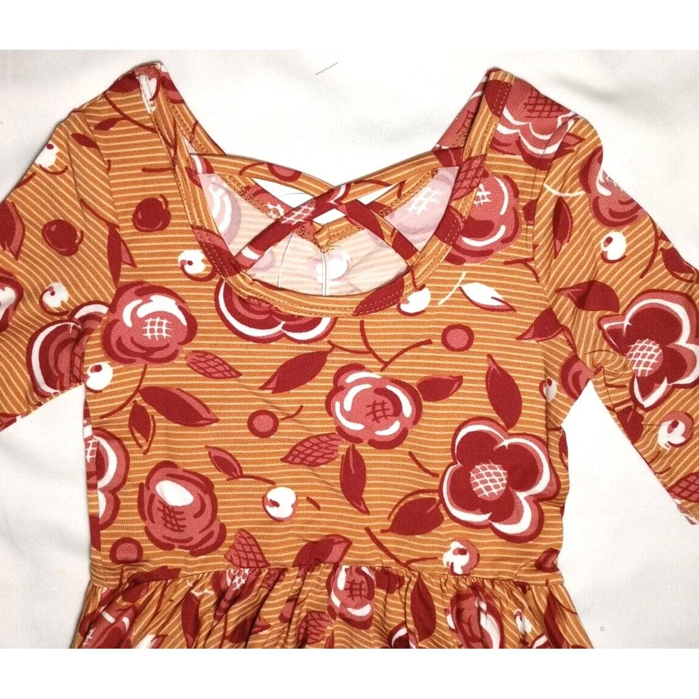 Dot Smile Girls 18 24‎ Mos Mocha Floral Ballerina Dress Stripe Lines 3/4 Sleeve